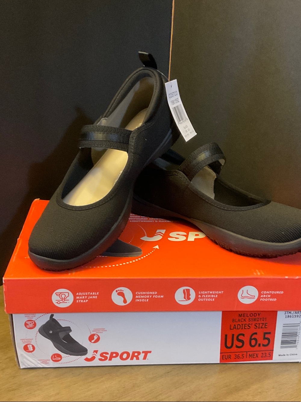 Sport Melody Adjustable Strap Black Mary Jane Flats